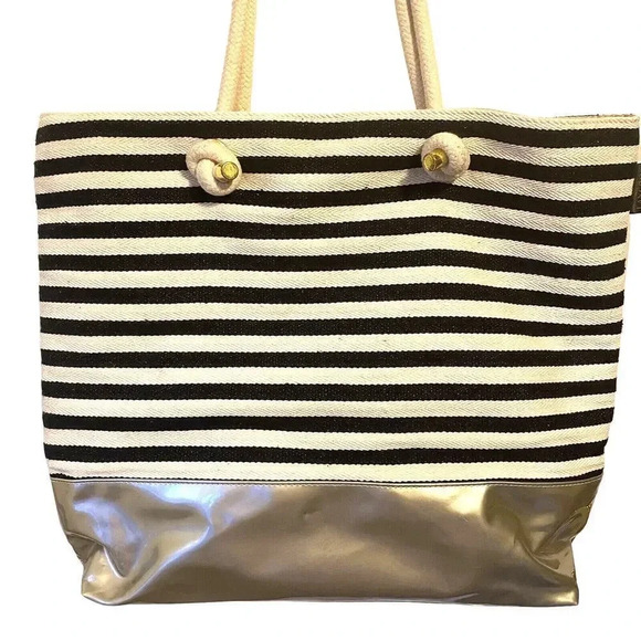 Lancôme Paris Large Tote Shoulder Bag Black Tan Stripes Metallic Silver - Picture 1 of 8